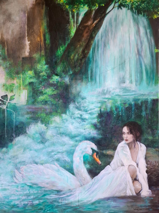 Painting about singing water from Gods throne, waterfall and a swan with a woman art the end of the river 